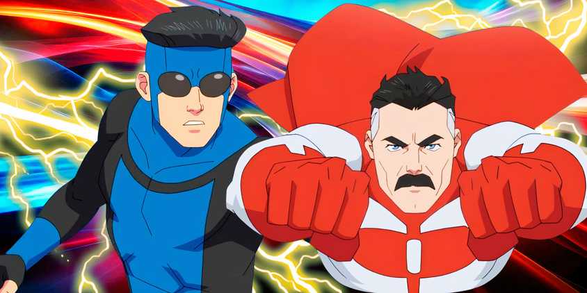 Mark Grayson in his blue suit and Omni-Man flying with lightning behind them Invincible