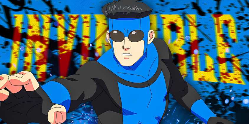 Mark Grayson in His Blue Suit in Front of a Bloody Invincible Logo