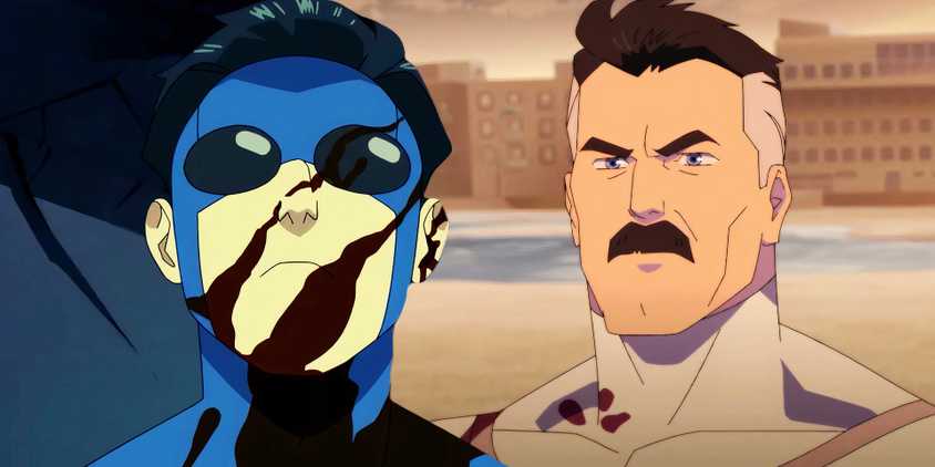 Mark Grayson looking scary with blood covering him next to a young Omni-Man in Invincible