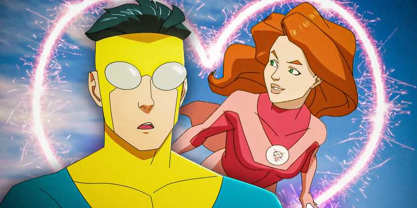 Mark Grayson looking surprised next to Atom Eve smiling with a love heart behind them in Invincible