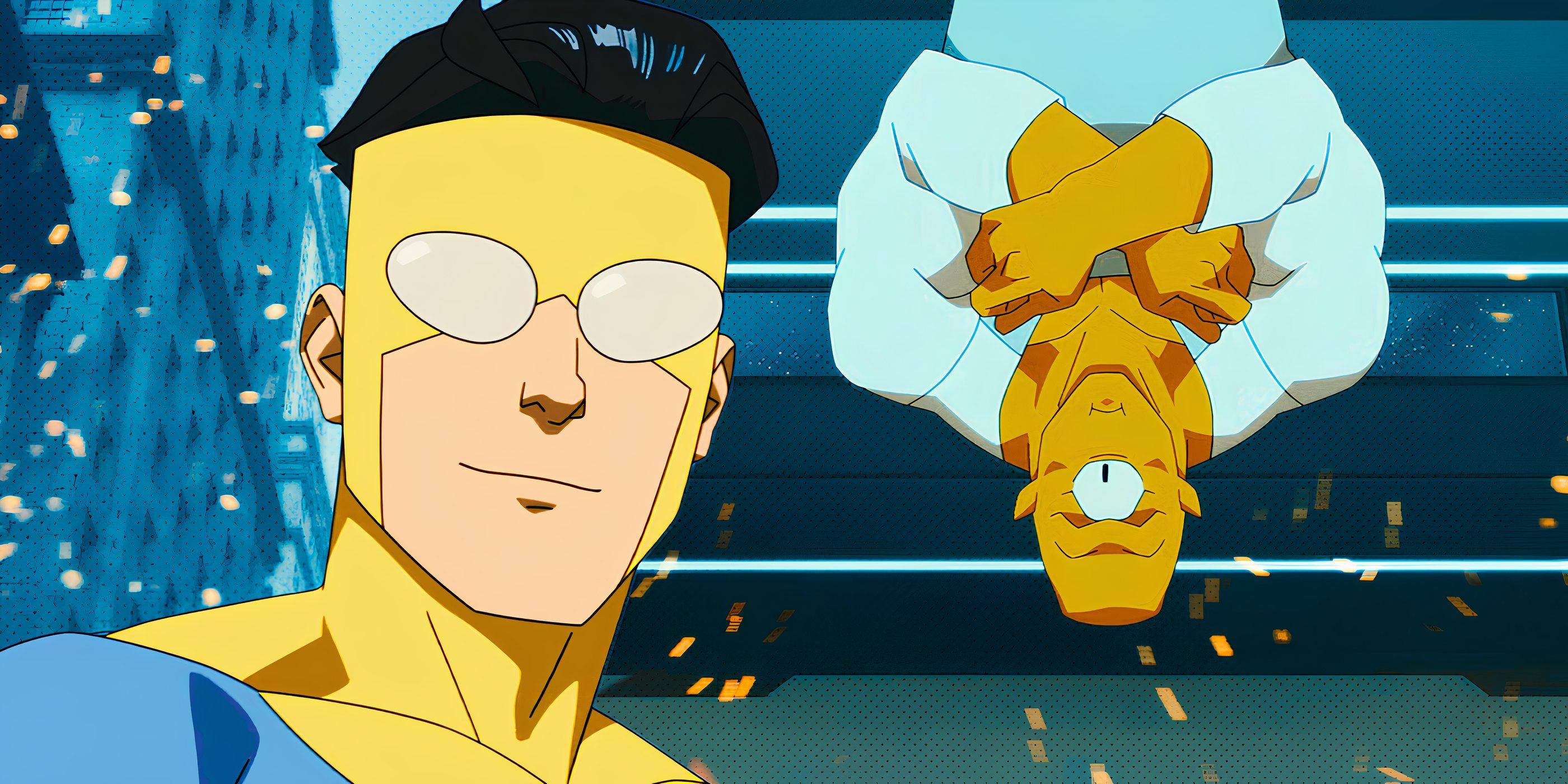 Mark Grayson smiling next to Allen the Alien hanging upside down in Invincible