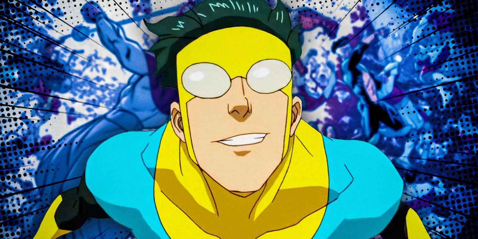 Mark Grayson smiling while flying with Invincible imagery in the background