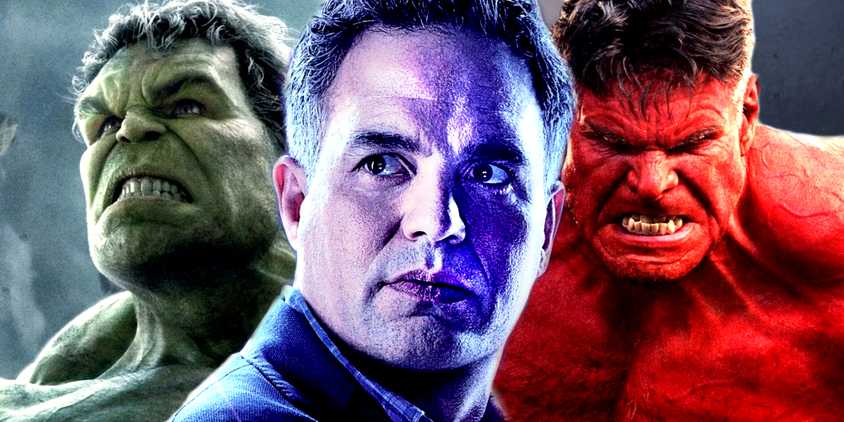 Mark Ruffalo's Bruce Banner looks into the distance in Avengers Endgame in front of a growling Hulk in Avengers Age of Ultron and Red Hulk in Captain America Brave New World