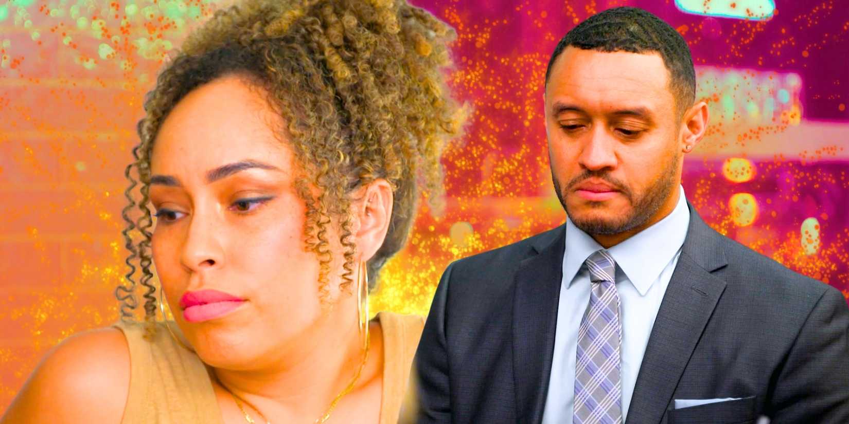Married at First Sight Camille Parsons & Thomas McDonald in side by side images looking upset