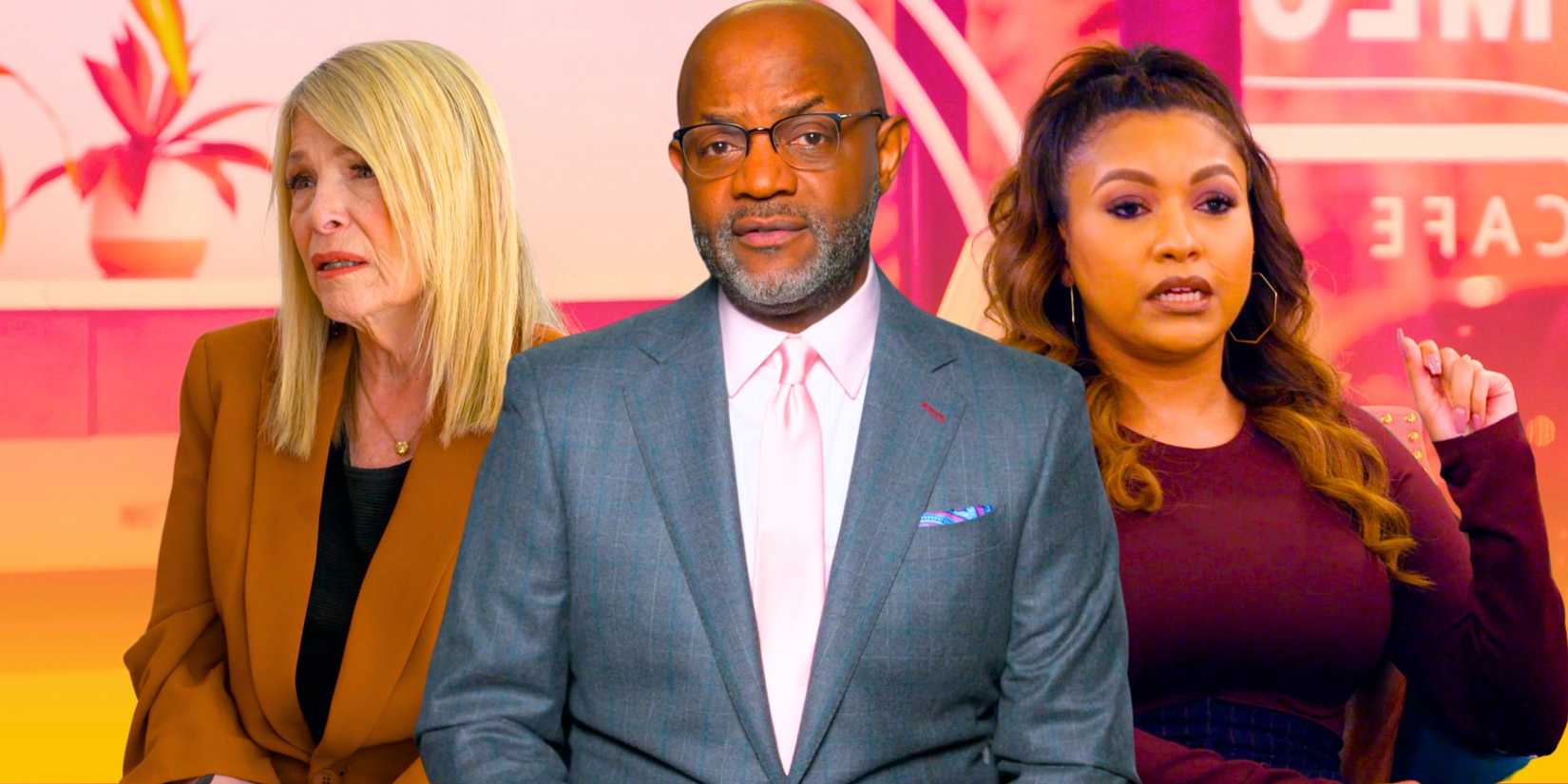 Married at First Sight experts Dr. Pepper, Pastor Cal, & Dr. Pia in side by side images looking concerned