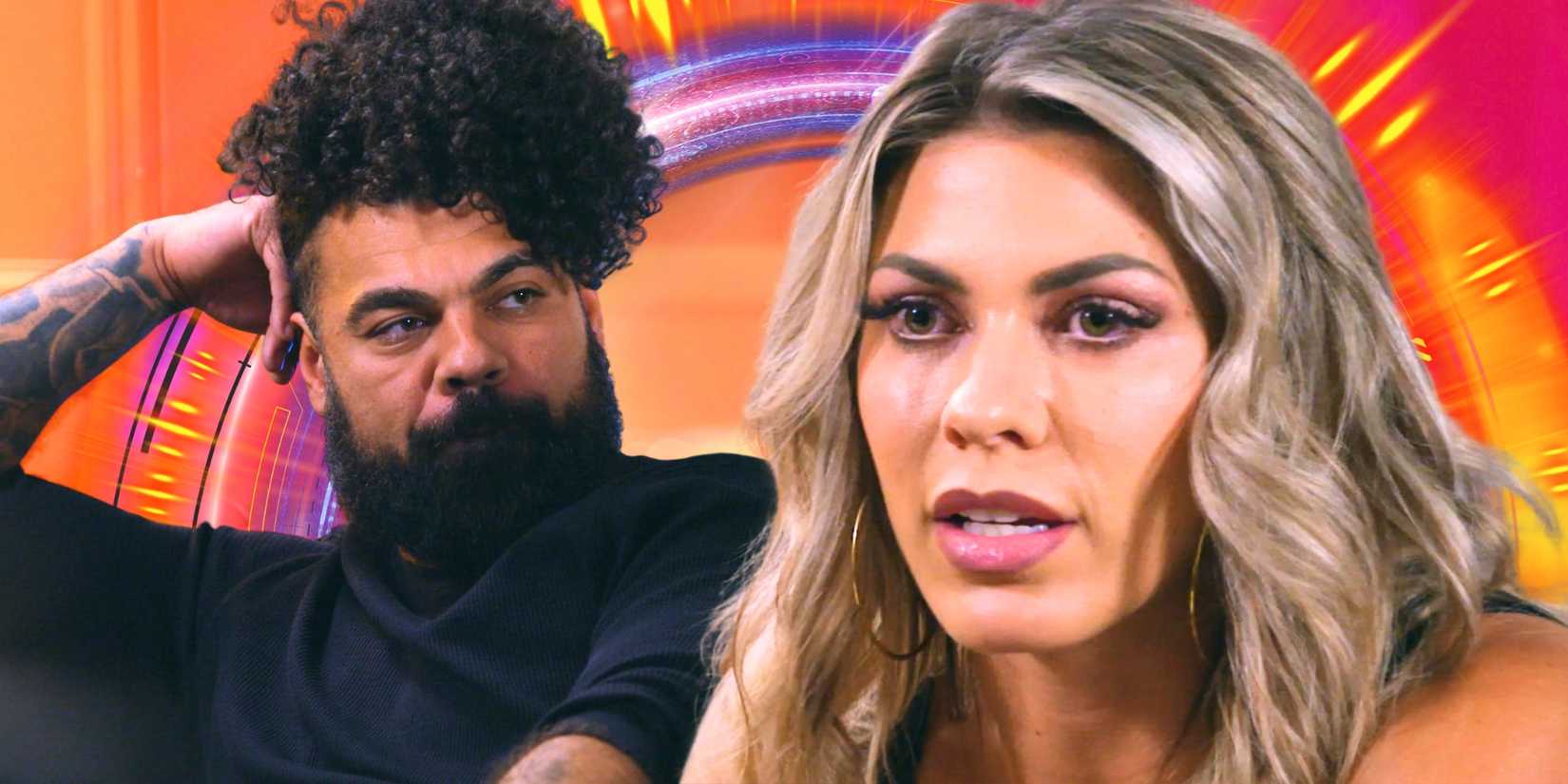 Married At First Sight's Madison Myers & David Trimble look serious as David rests hish ead against his hand.