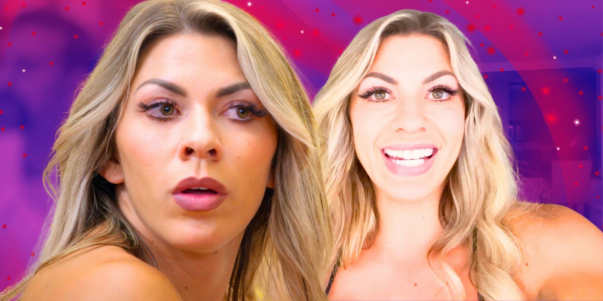 married at first sight season 18 star madison myers in a montage with two poses and a purple background