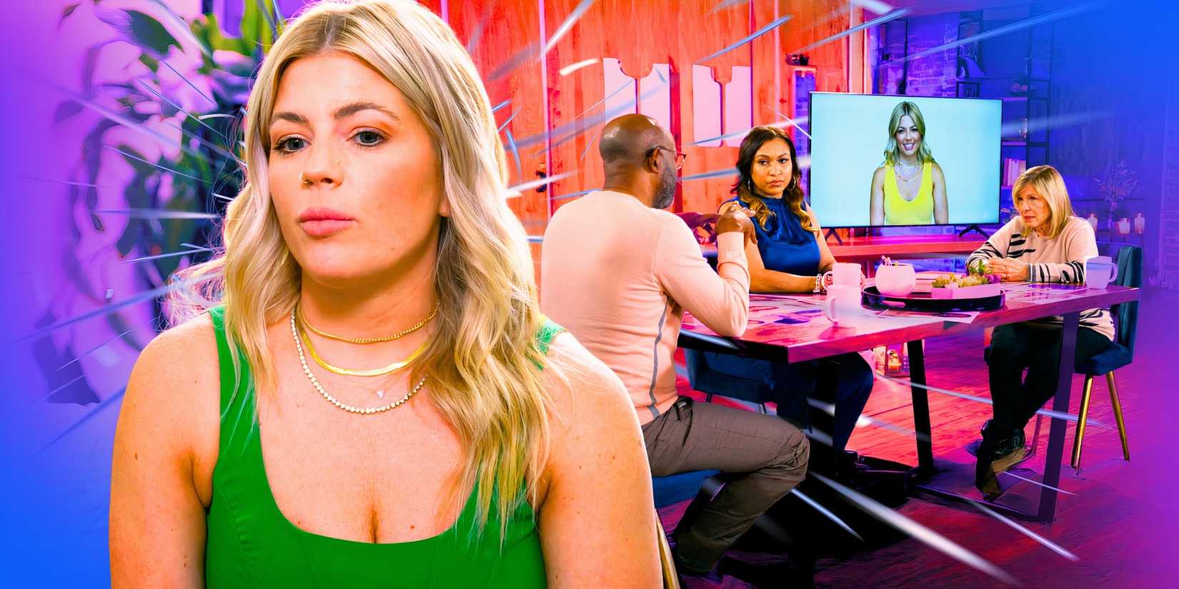 married at first sight season 18 star michelle tomblin in montage wearing green with experts in background