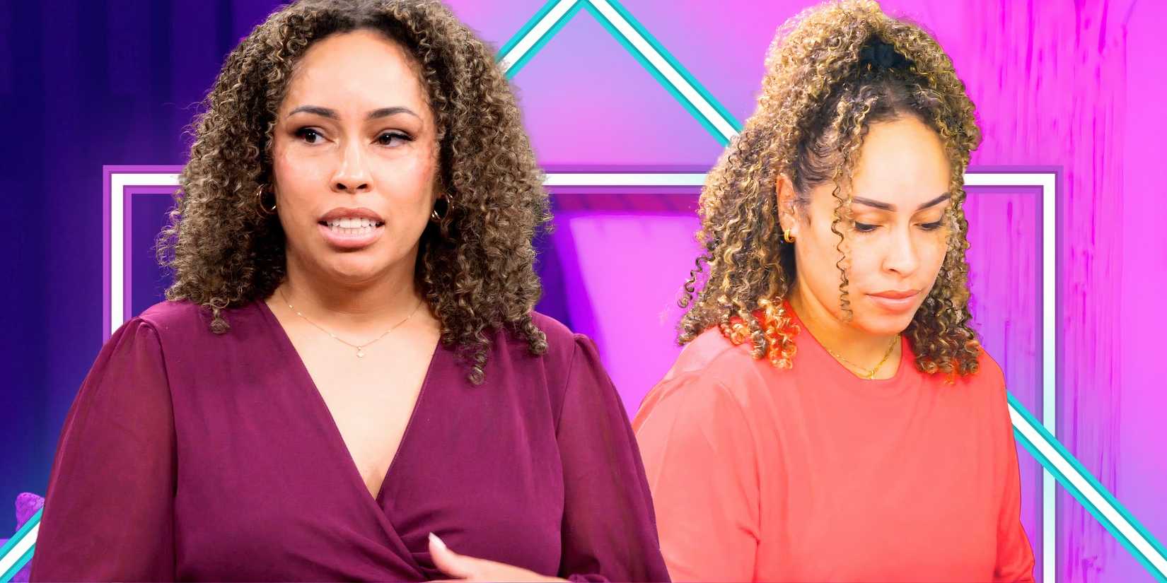 montage of camille from Married At First Sight Season 18 where she's talking in one picture and looking down in the other