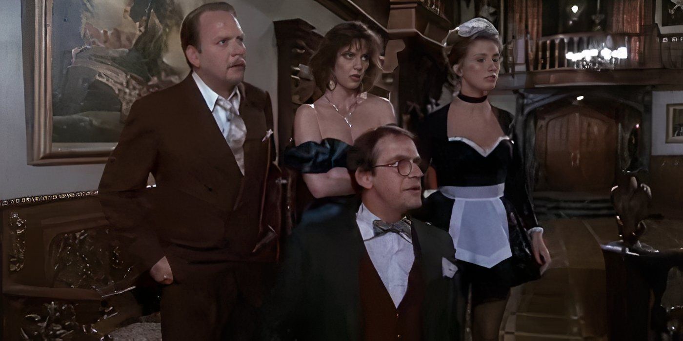 Martin Mull as Colonel mustard around other suspects looking at Mr. Boddy in Clue