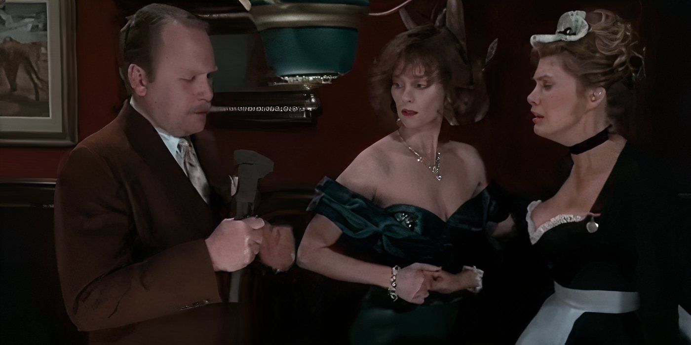 Martin Mull as Colonel mustard talking to Lesley Ann Warren as Miss Scarlet and Colleen Camp as Yvette with a lead pipe in Clue