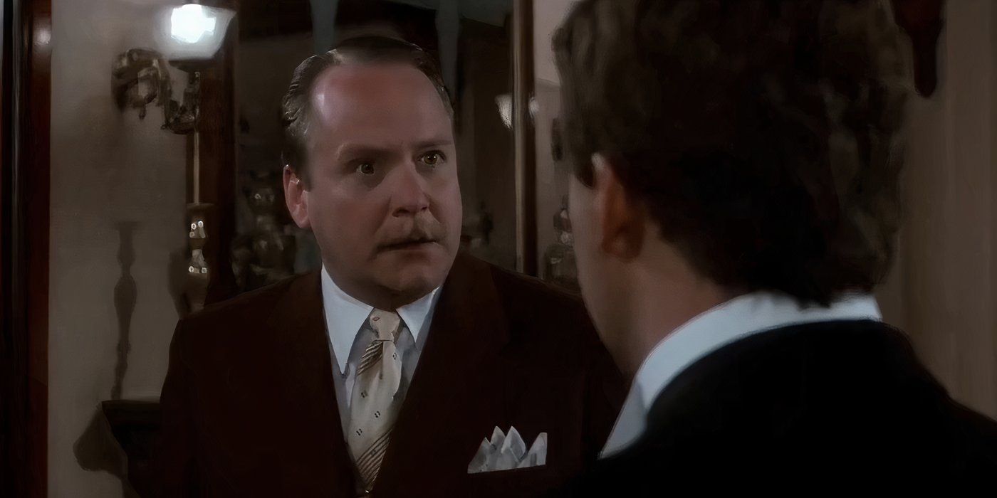 Martin Mull as Colonel mustard talking to Tim Curry as Wadsworth in Clue