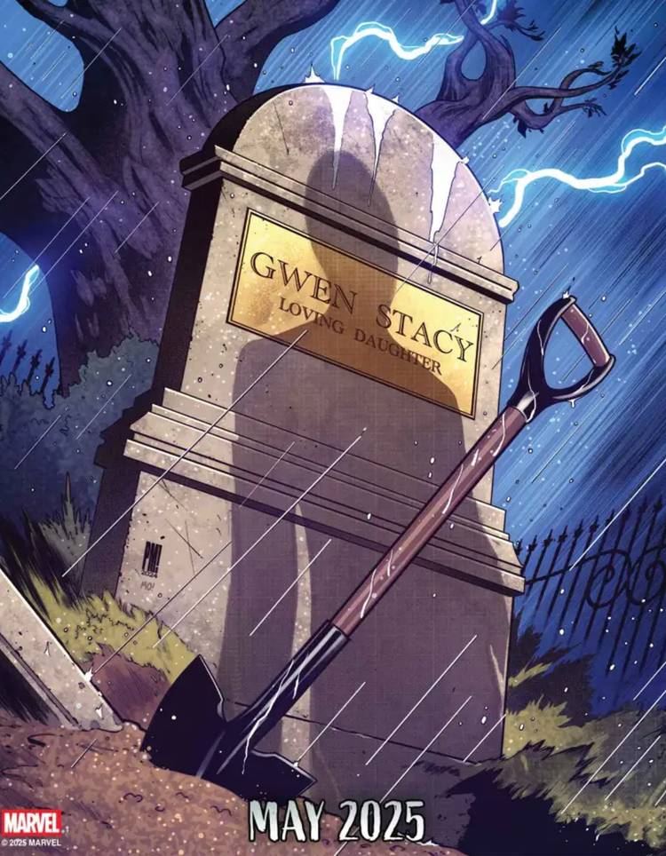 Marvel comics teaser hinting at a return of Gwen Stacy from the grave for May 2025