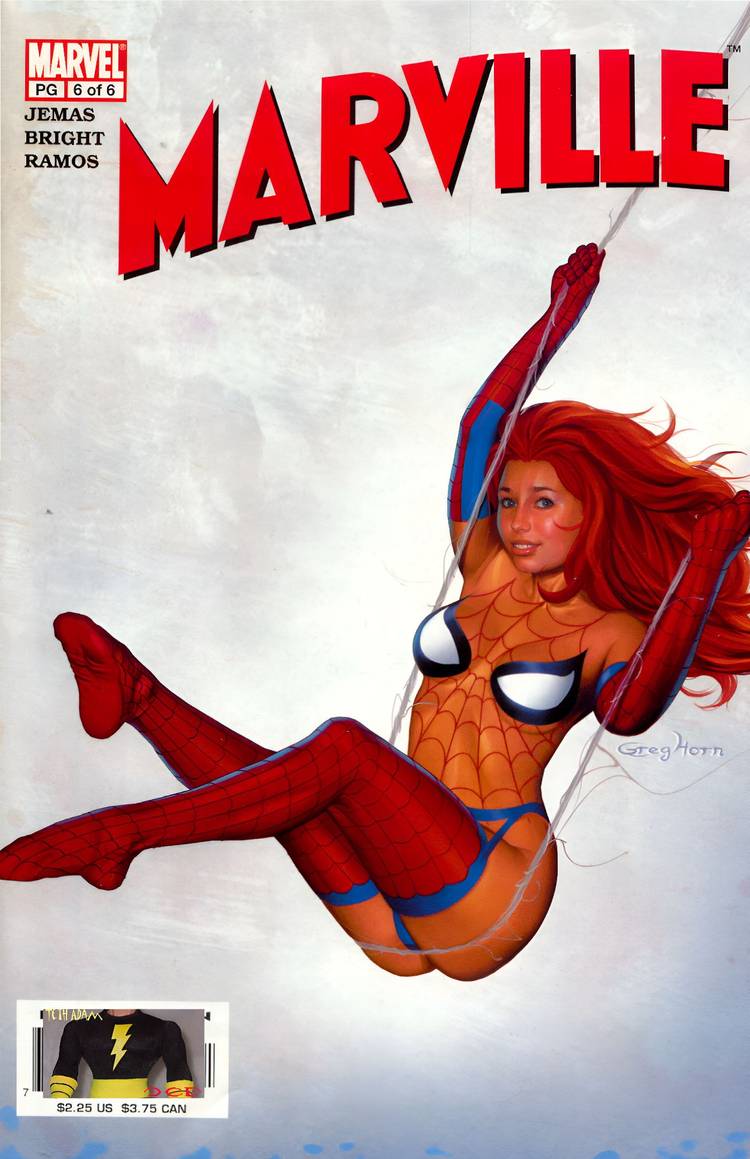 A woman in Spider-Man lingerie swings around.