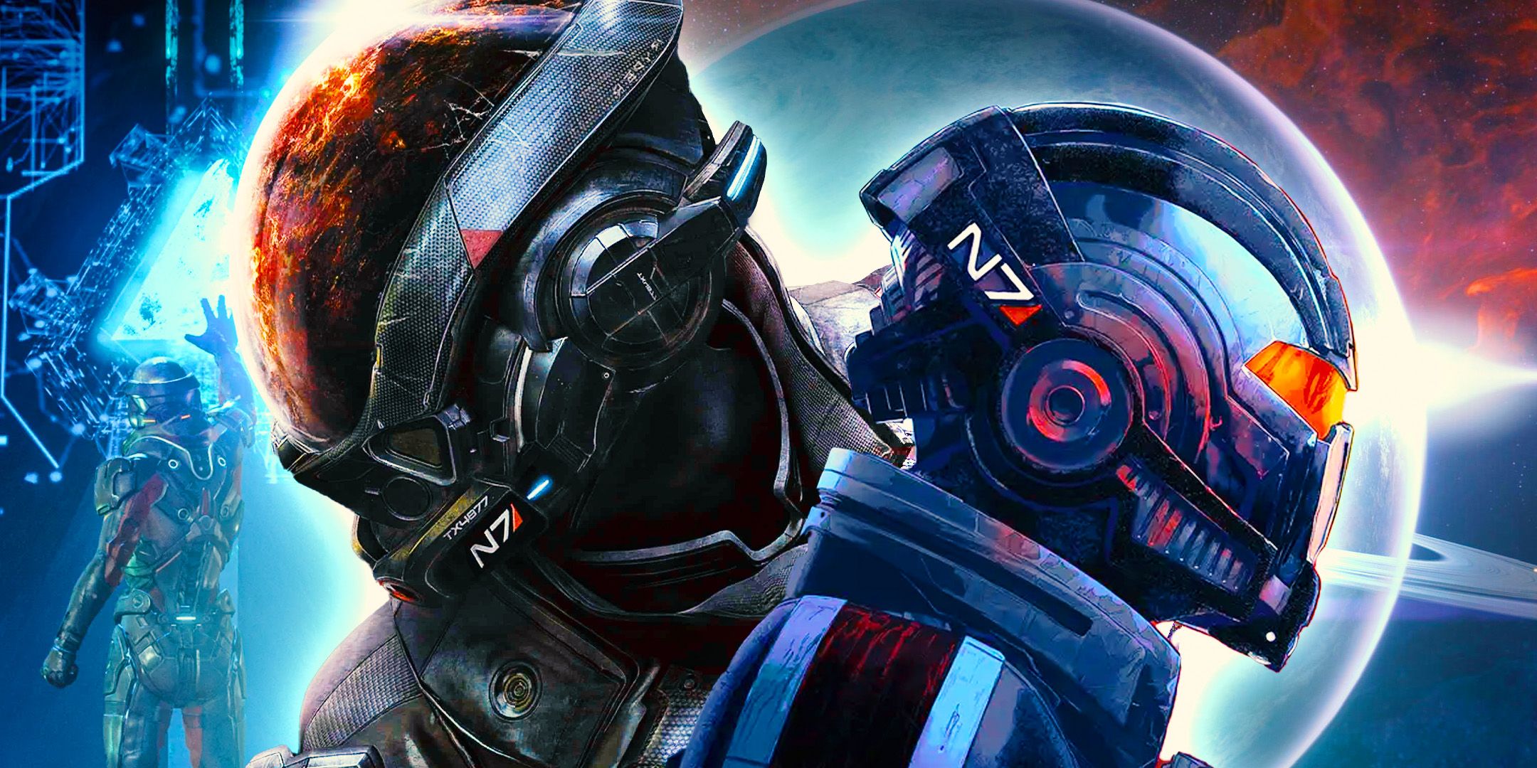 Mass Effect Andromeda and Mass Effect 5 character keyart with imagery from Mass Effect Andromeda
