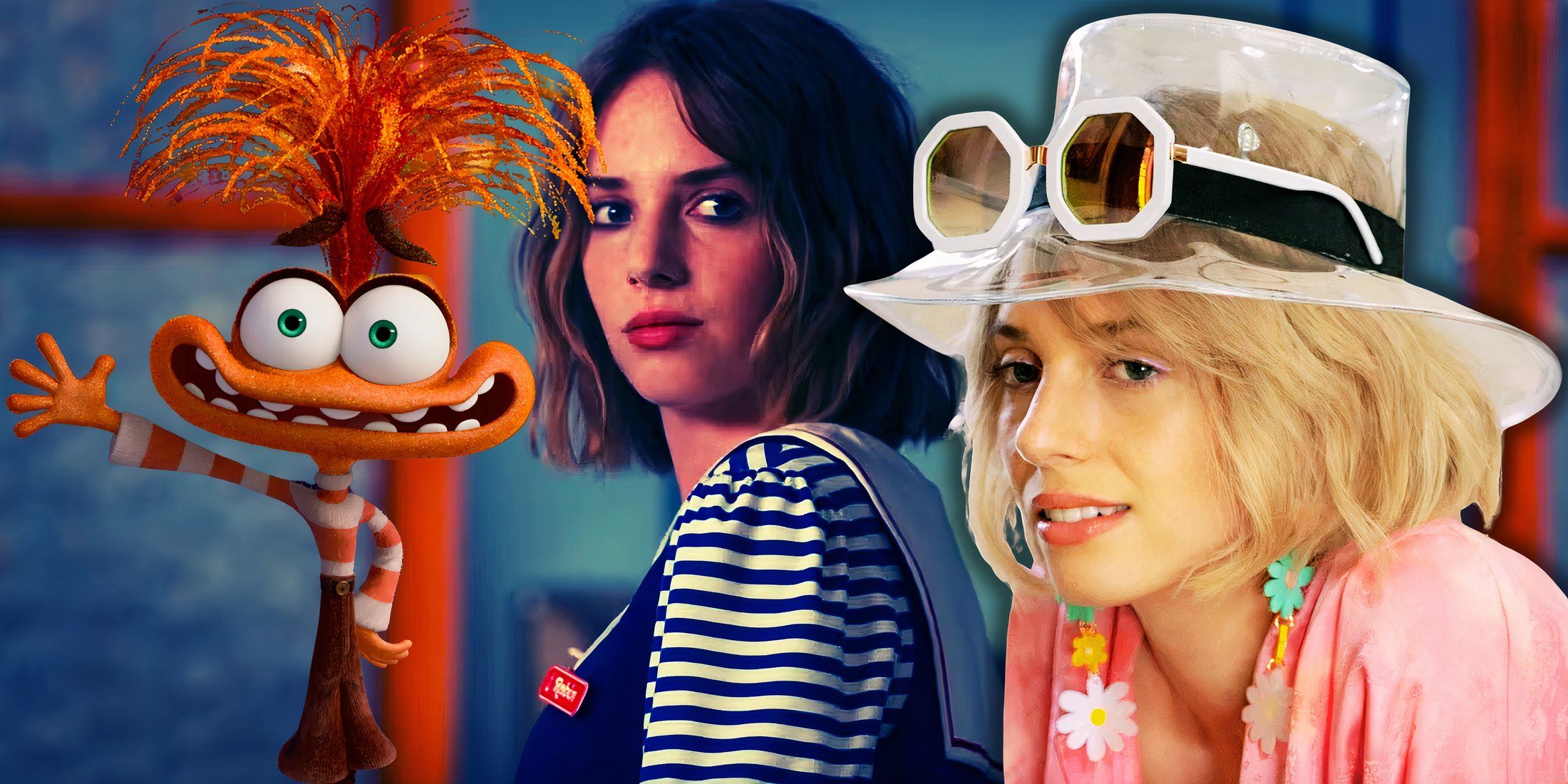 A collage of Maya Hawke roles from Inside Out 2, Stranger Things, and Do Revenge