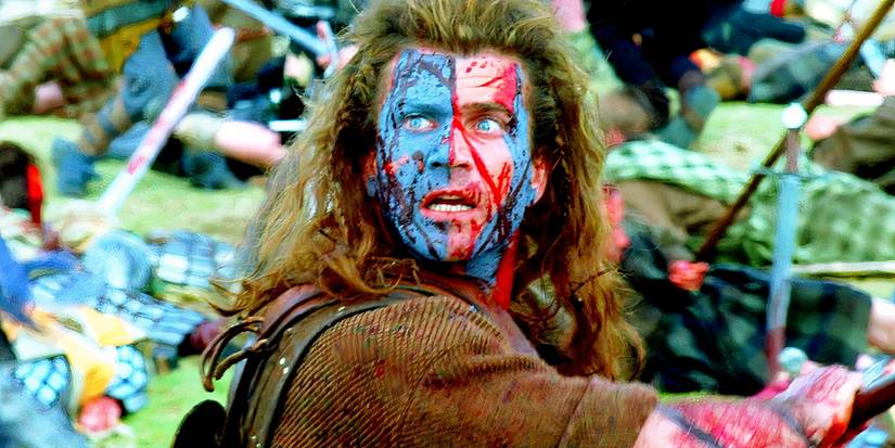 Mel Gibson with blood on his face as William Wallace during a battle in Braveheart