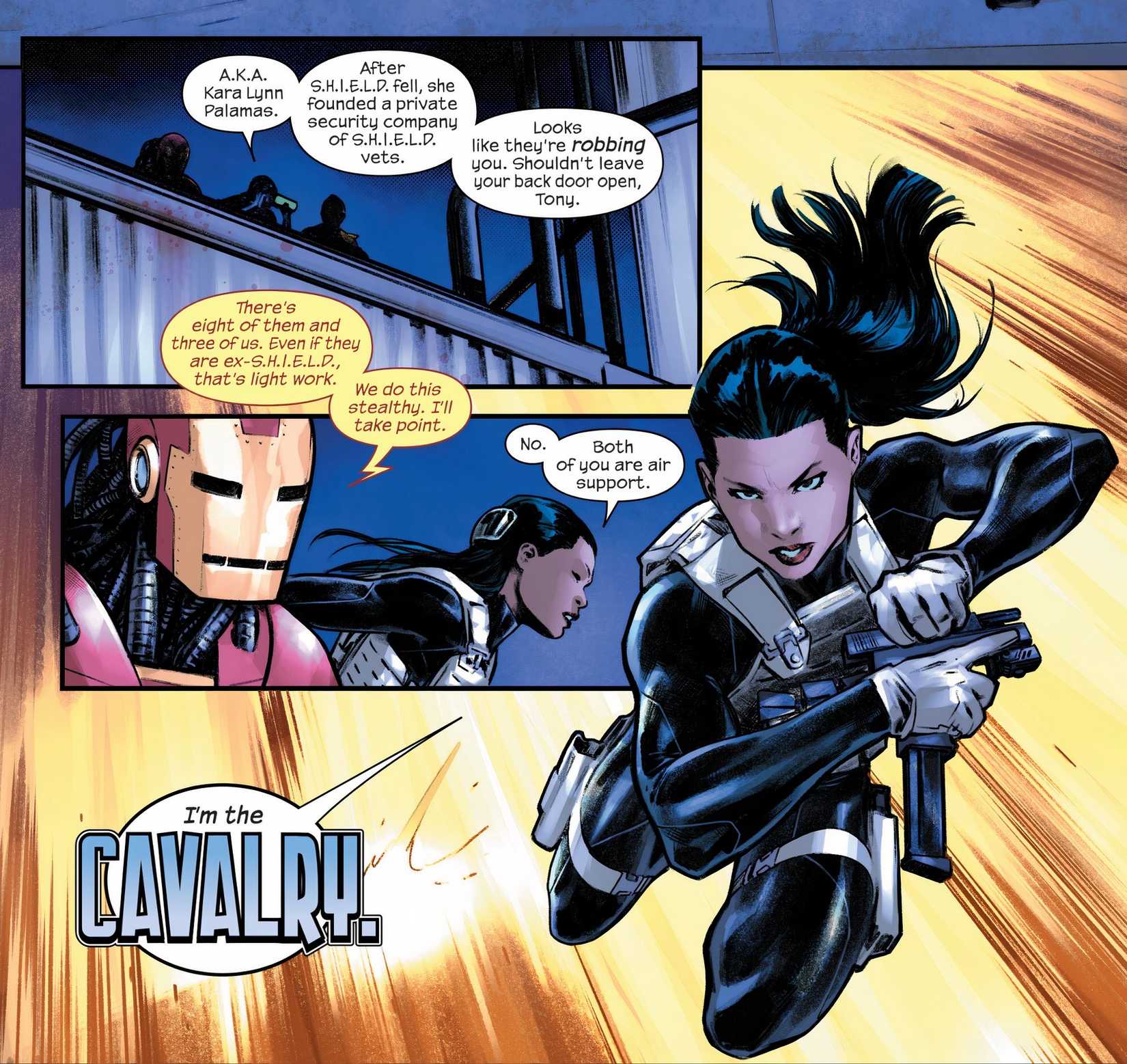 Melinda May leaps into action as the Cavalry, cocking a gun.