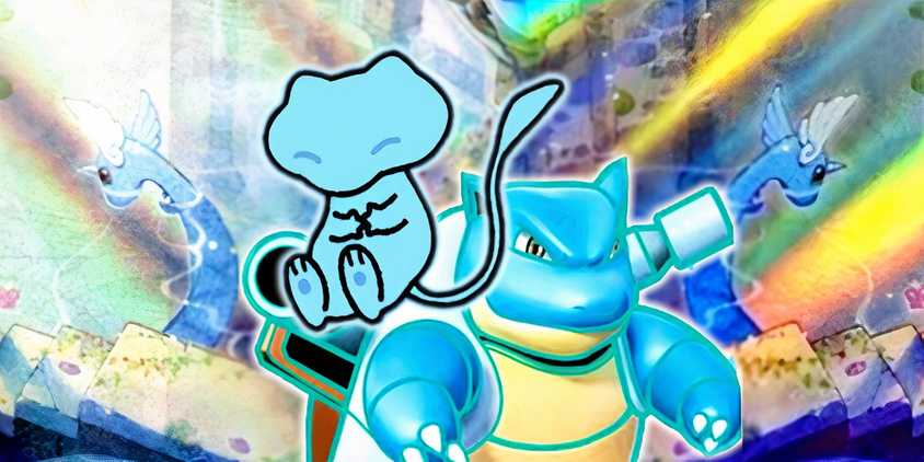 Mew and blastoise over a dragonair card in japanese and english