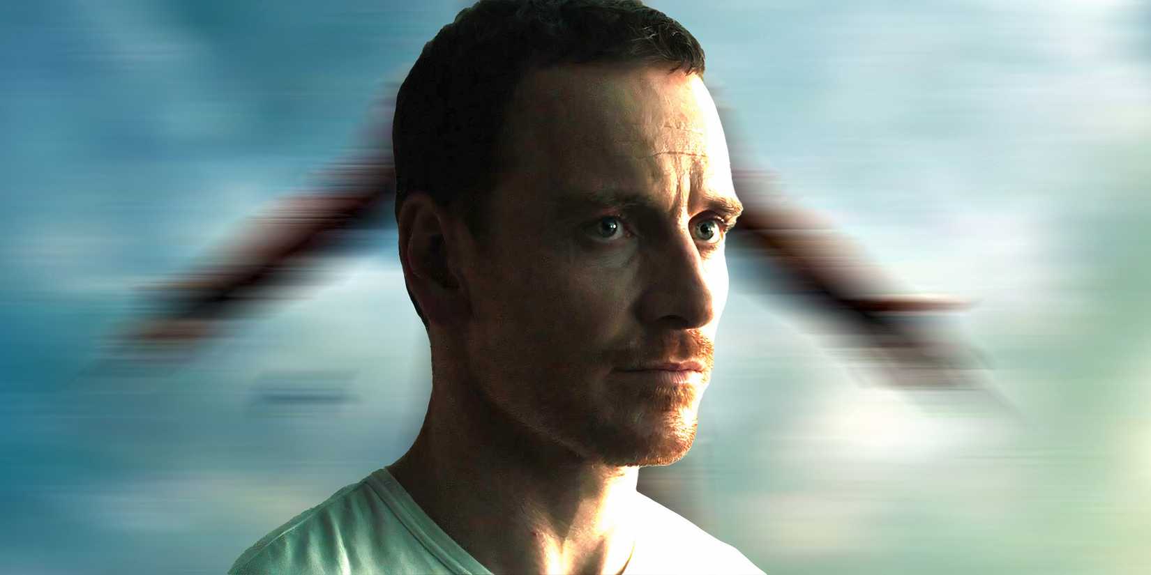 Michael Fassbender as Cal looking intrigued against Assassin's Creed poster background