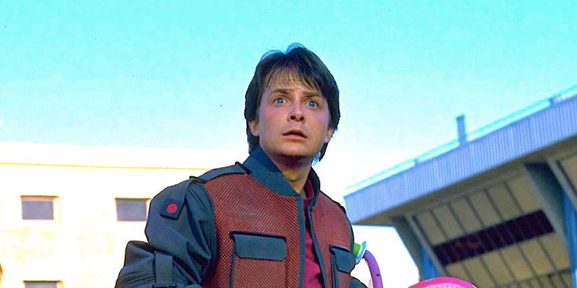 Michael J Fox's Marty McFly stares worried in Back to the Future Part 2