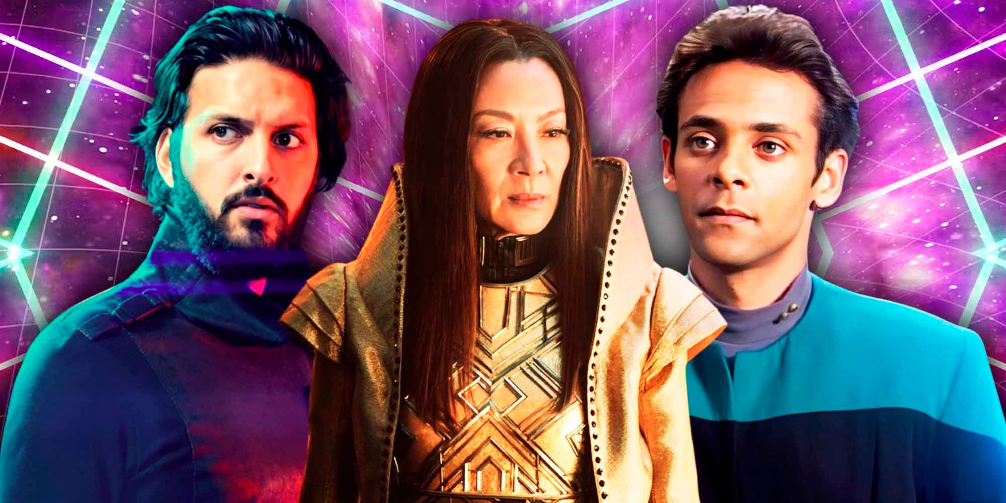 Michelle Yeoh as Georgiou in Section 31 movie (center); Ash Tyler (Shazad Latif) from Discovery on one side; Julian Bashir (Alexander Siddig) from DS9 on the other side
