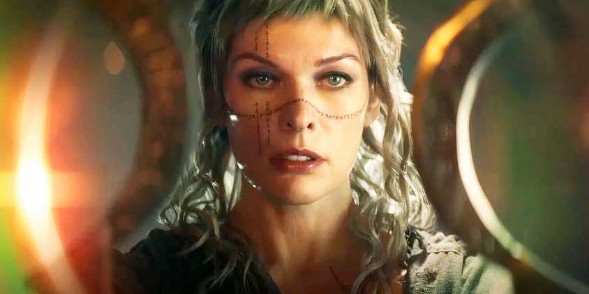 Milla Jovovich staring straight ahead as Gray Alys In The Lost Lands