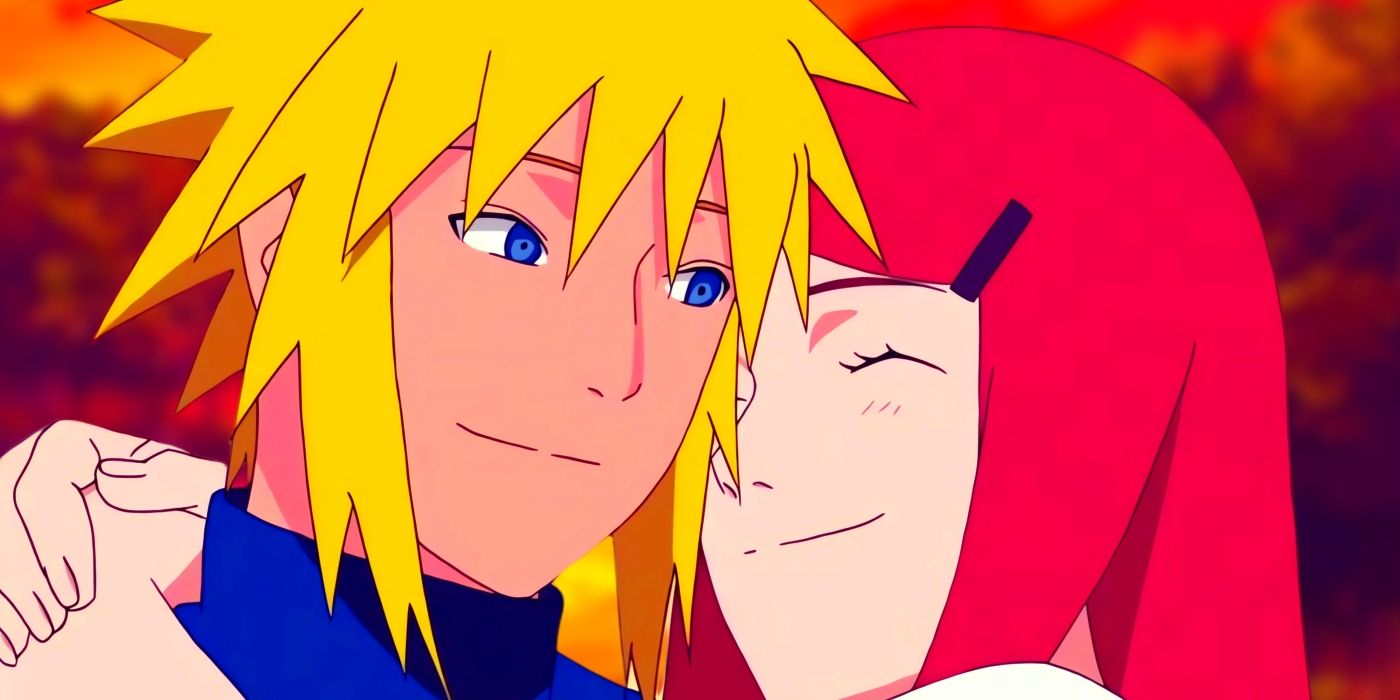 Minato and Kushina hugging while they smile to each other. Behind them, a sunset in Konoha can be seen.