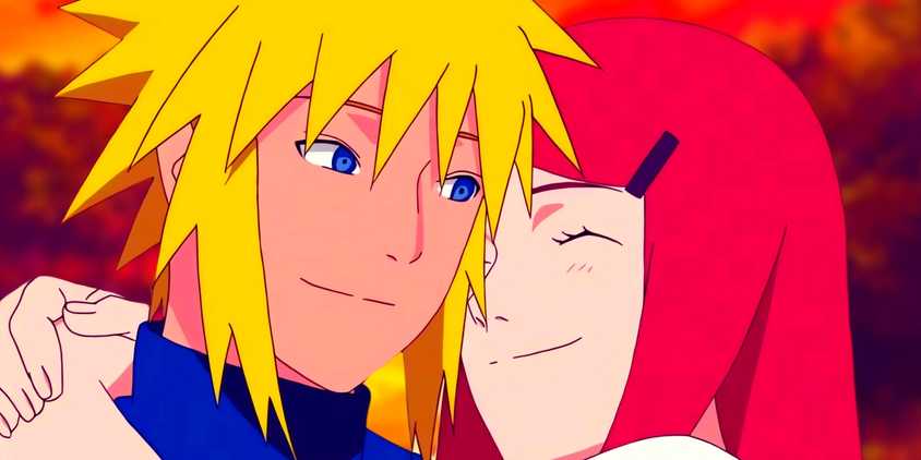 Minato and Kushina hugging while they smile to each other. Behind them, a sunset in Konoha can be seen.