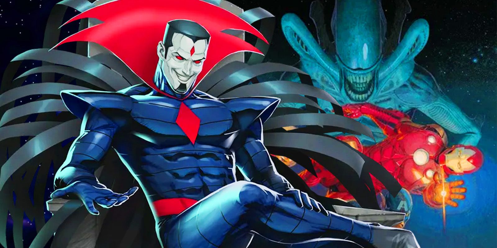 Mister sinster in front of a cover for Aliens Vs The Avengers