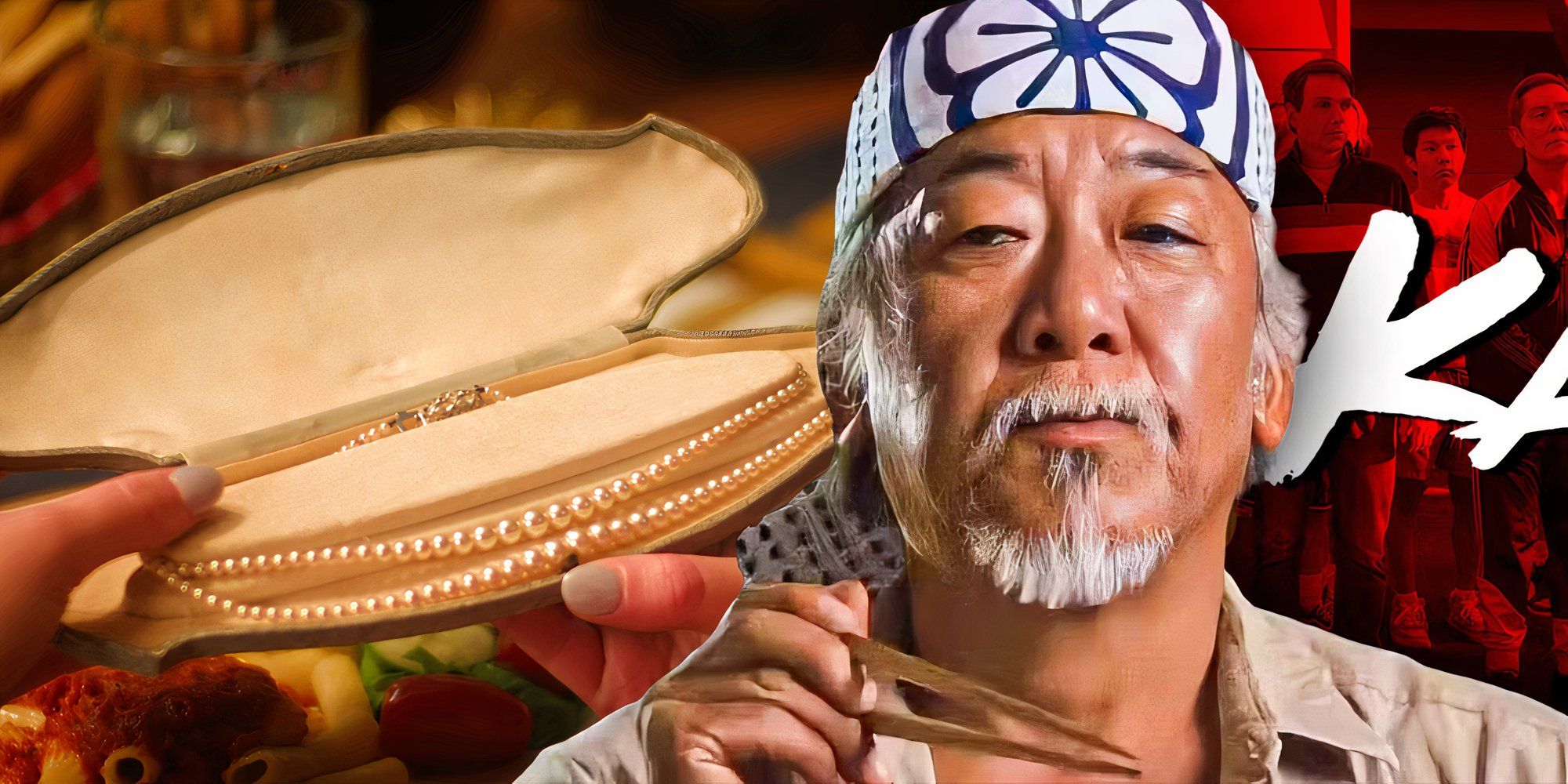 Miyagi holding chopsticks in The Karate Kid (1984) next to his necklace in Cobra Kai season 6, part 3 (2025)