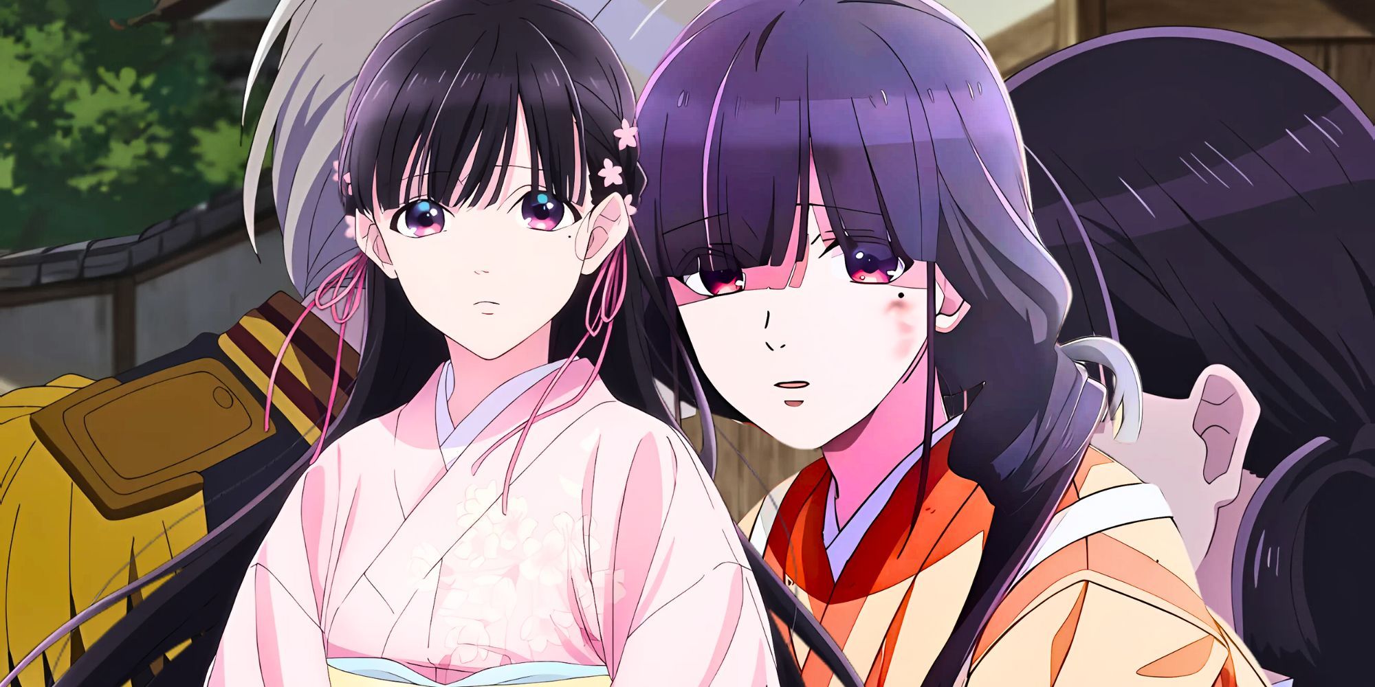 Miyo and Kiyoka in the background with Miyo&rsquo;s look in season 1 and season 2