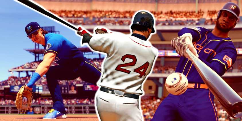 MLB The Show 25 Player hitting ball next to player who has hit the ball, next to player who is catching a ball