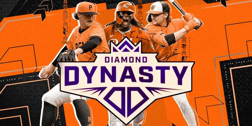 The logo for Diamond Dynasty mode in front of the three cover athletes for MLB The Show 25