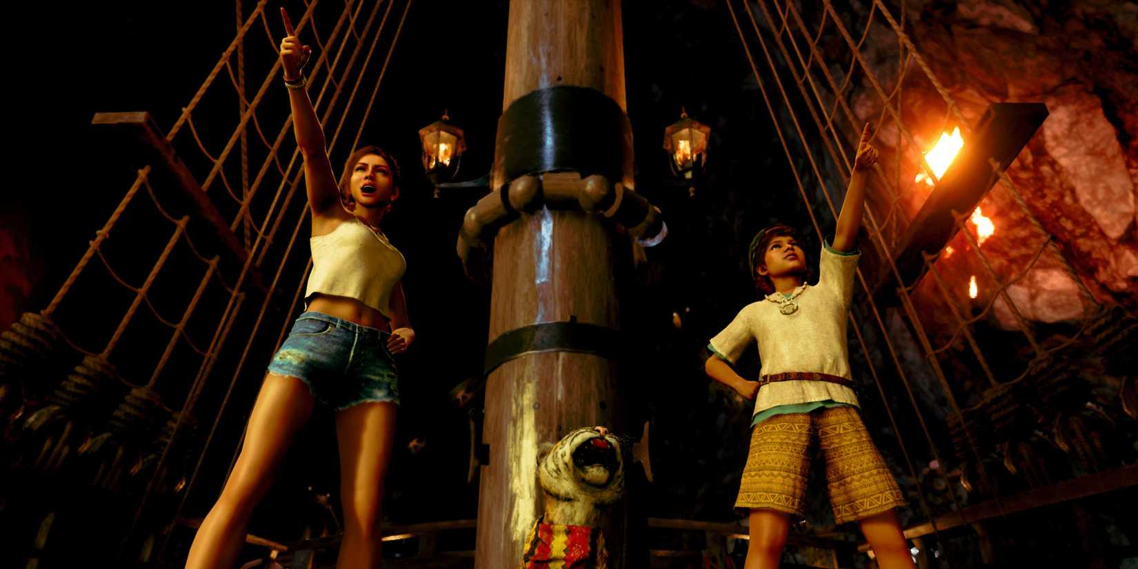 Moana and Noah pointing forwards on the deck of the Goromaru in a screenshot from Pirate Yakuza in Hawaii.