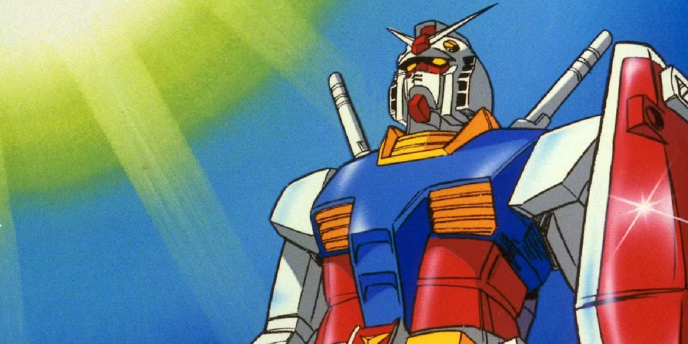 Imagem do primeiro Gundam, Mobile Suit Gundam RX-78-2, olhando para o sol