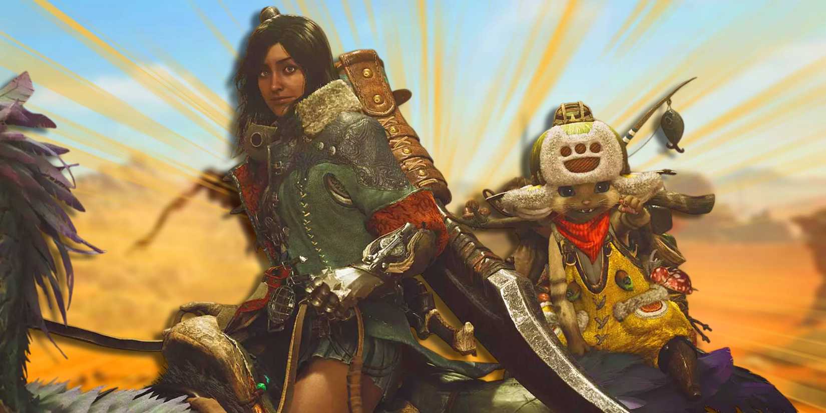 A hunter and their palico on a Seikret in Monster Hunter Wilds.
