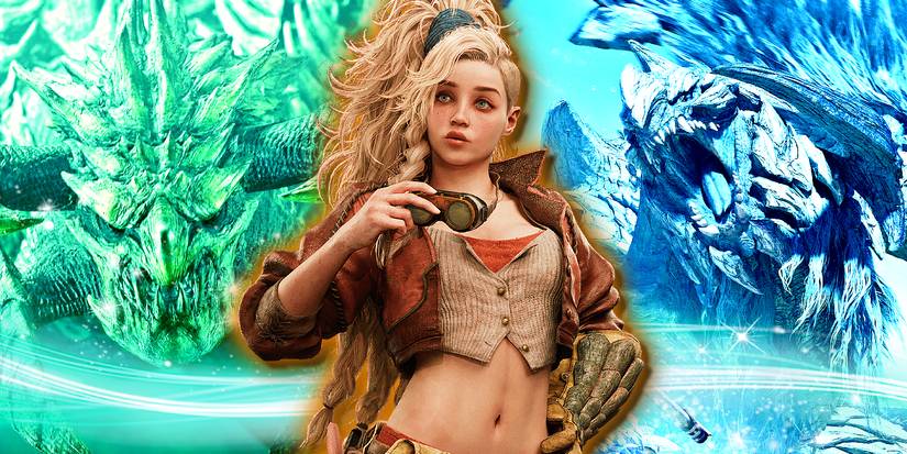 Monster Hunter Wilds' Gemma looks surprised next to two monsters.