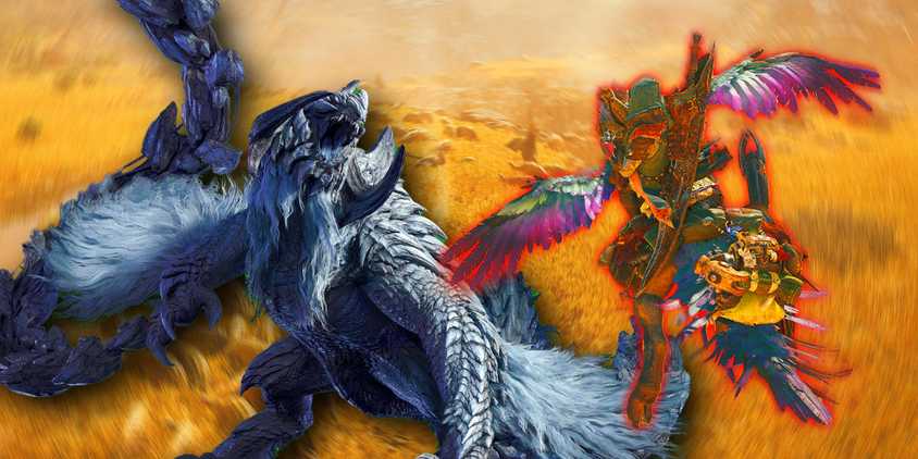 Monster Hunter Wilds flying next to an Arkveld