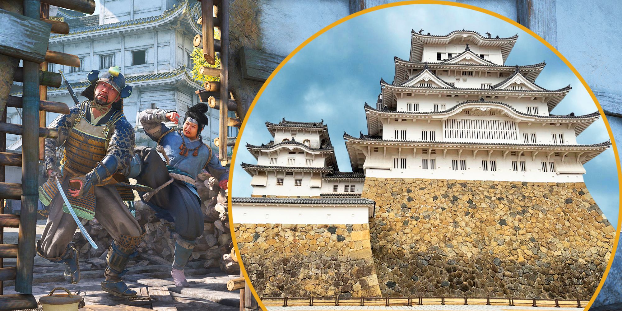 Assassin's Creed Shadows Kyoto Event: a castle in Japan alongside a screenshot from the game