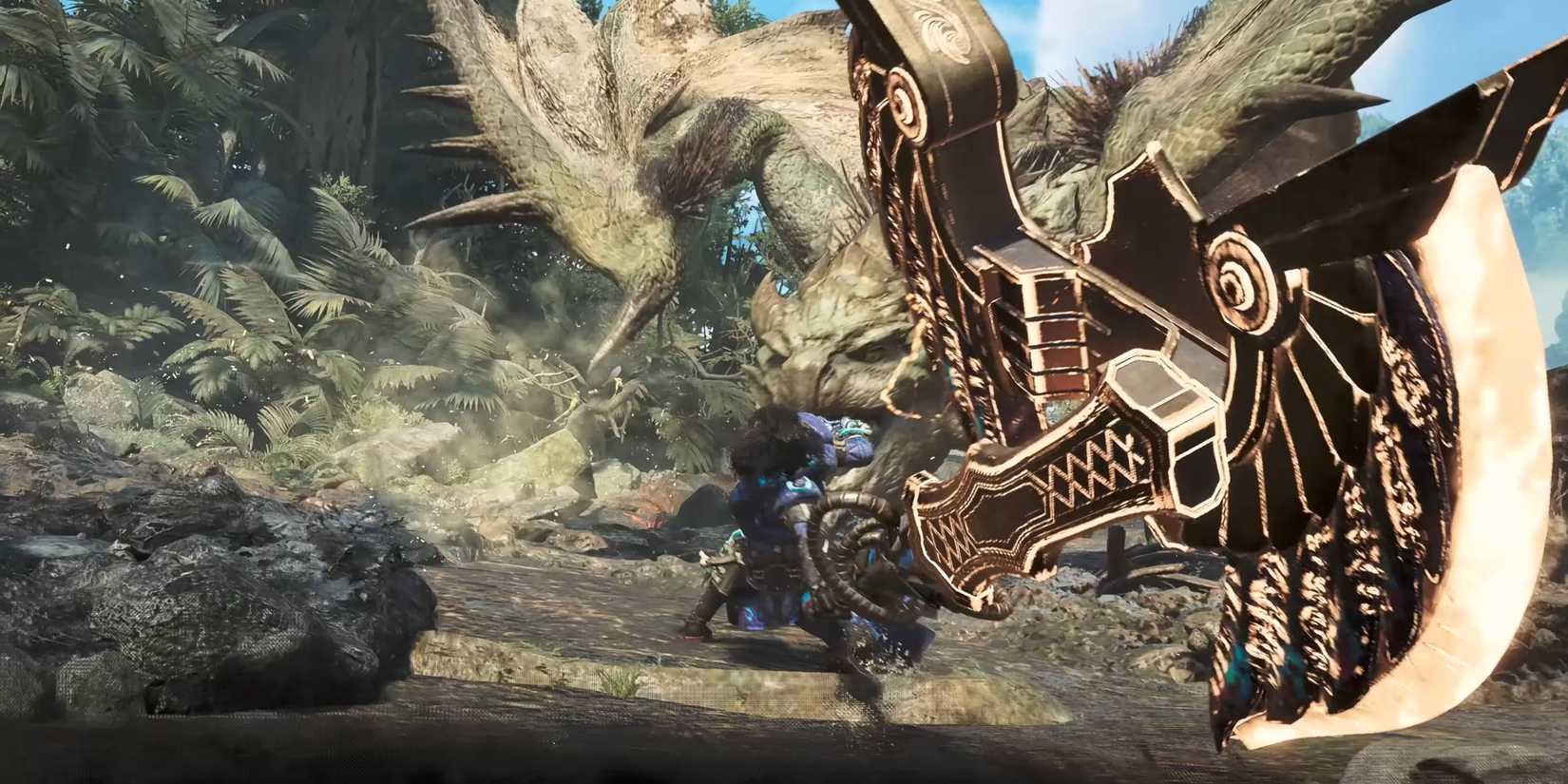 Switch axe closeup fight in Monster Hunter Wilds.