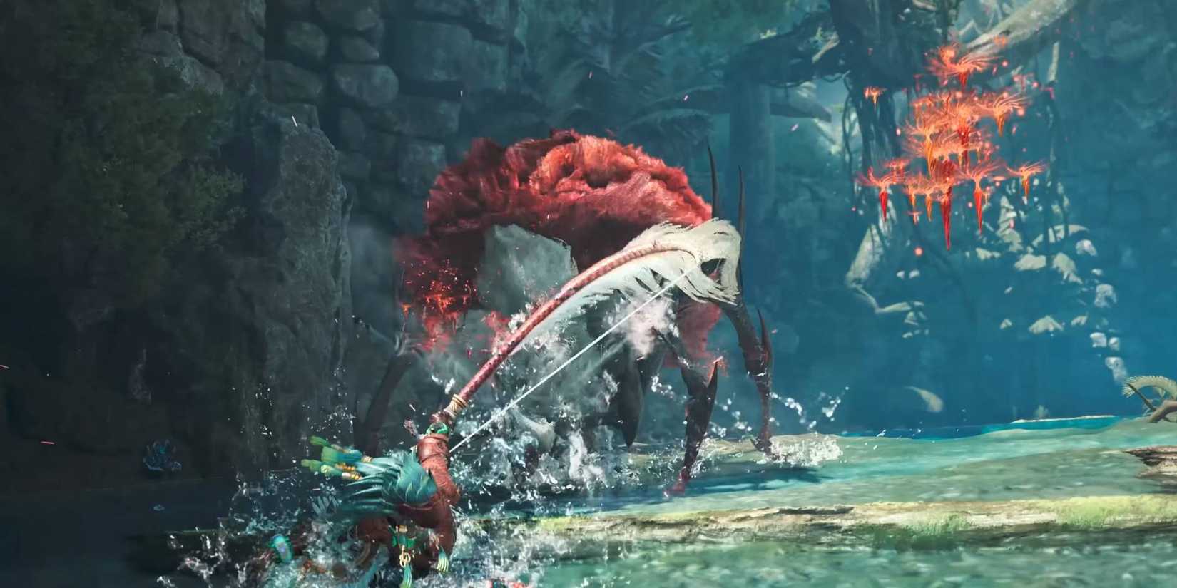 Bow user fighting a Lala Barian in Mosnter Hunter Wilds