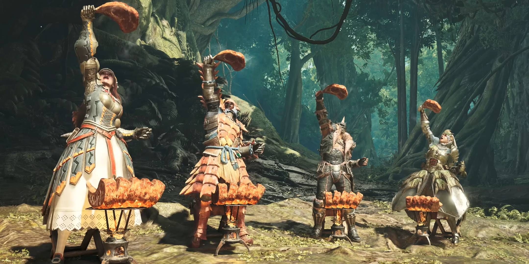 Four hunters holding meat in Monster Hunter Wilds.