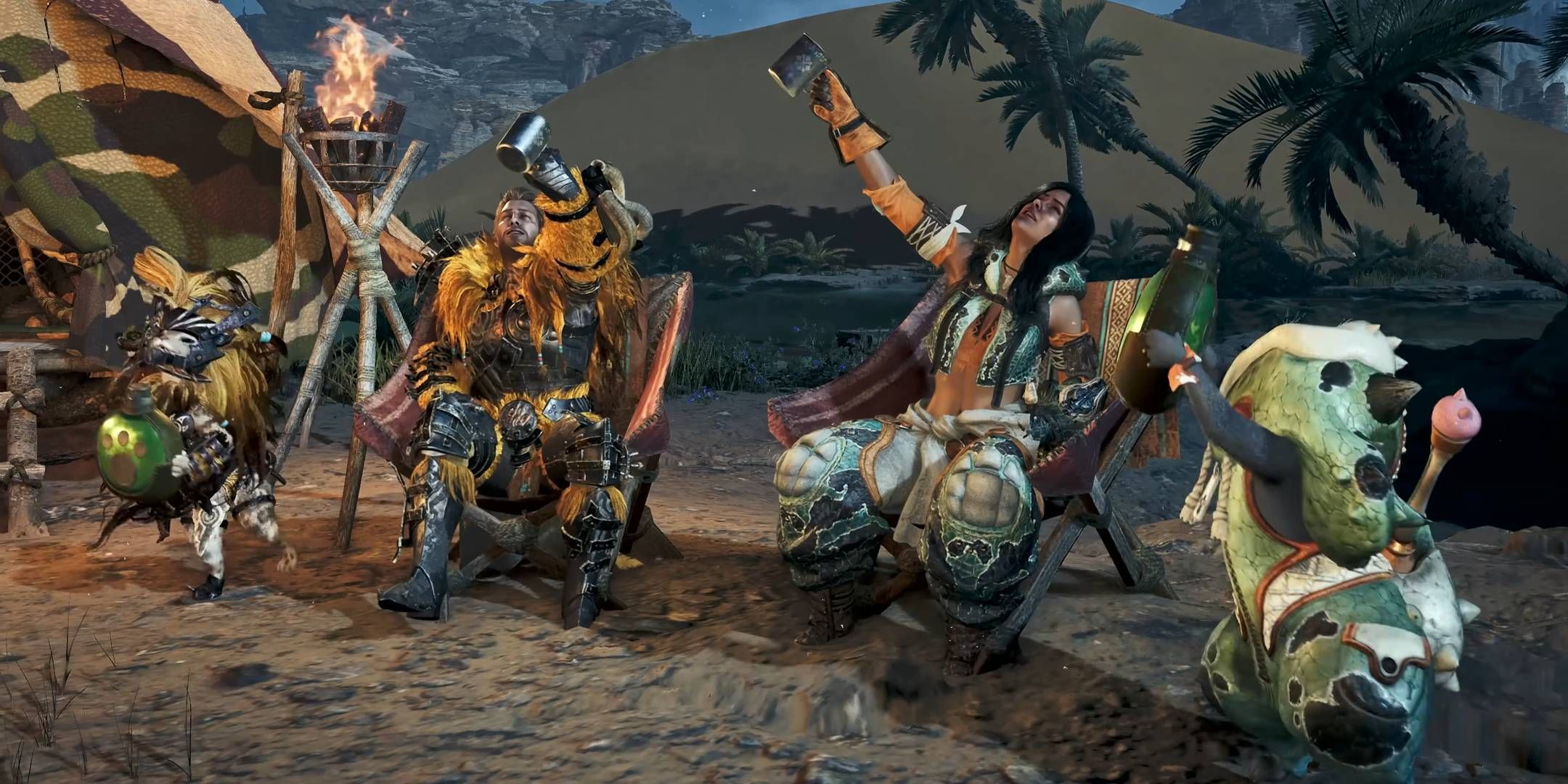 Un grupo de cazadores celebra en un campamento en Monster Hunter Wilds.