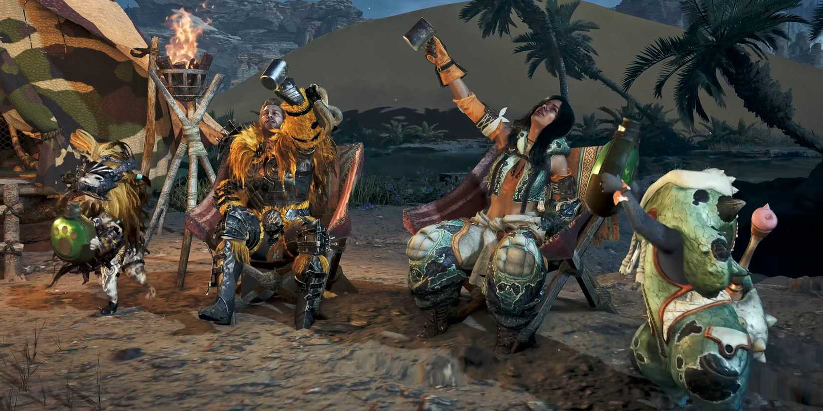 Group of hunters celebrating at a camp in Monster Hunter Wilds.