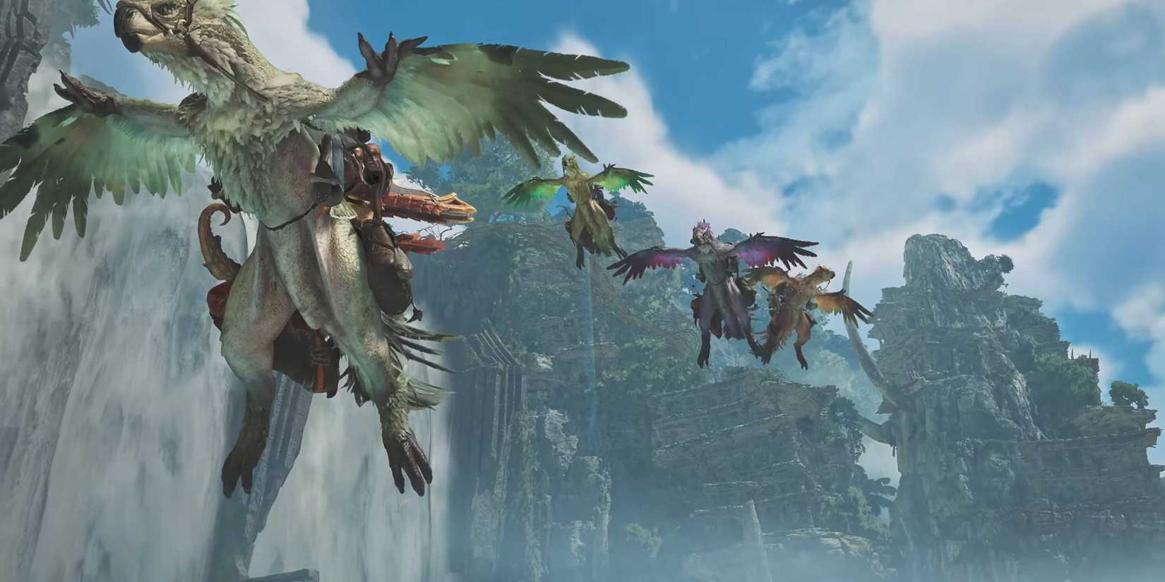 Hunters flying on multiple Seikrets in Monster Hunter Wilds.