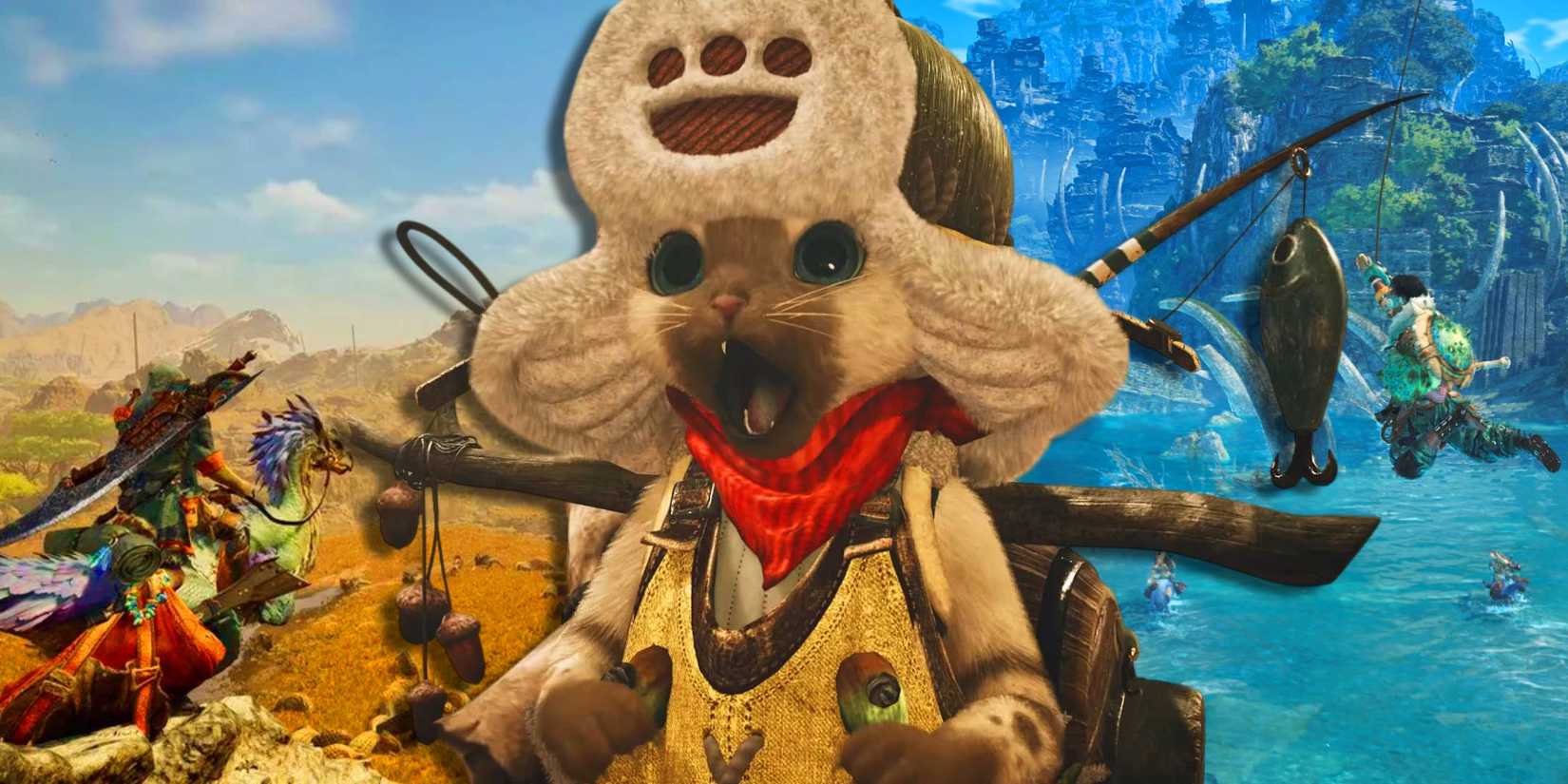 A palico in Monster Hunter Wilds looking shocked with gameplay behind it.