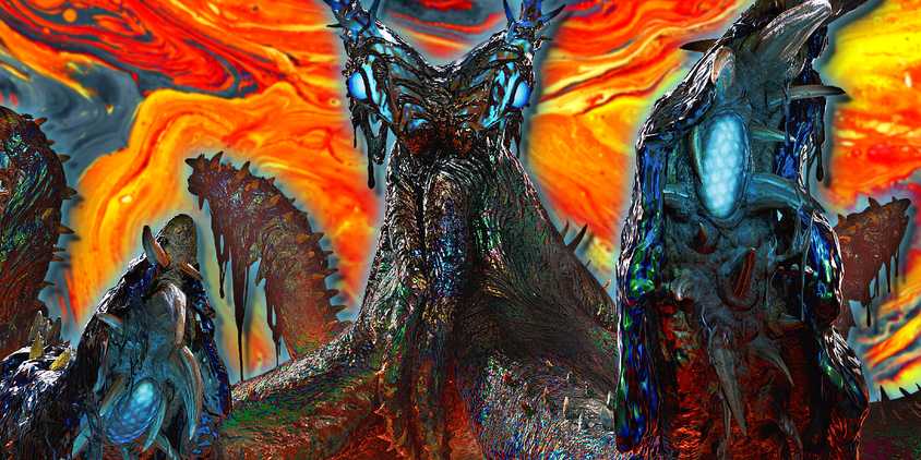 Monster Hunter Wilds' Nu Udra, also known as The Black Flame, poses in front of lava.