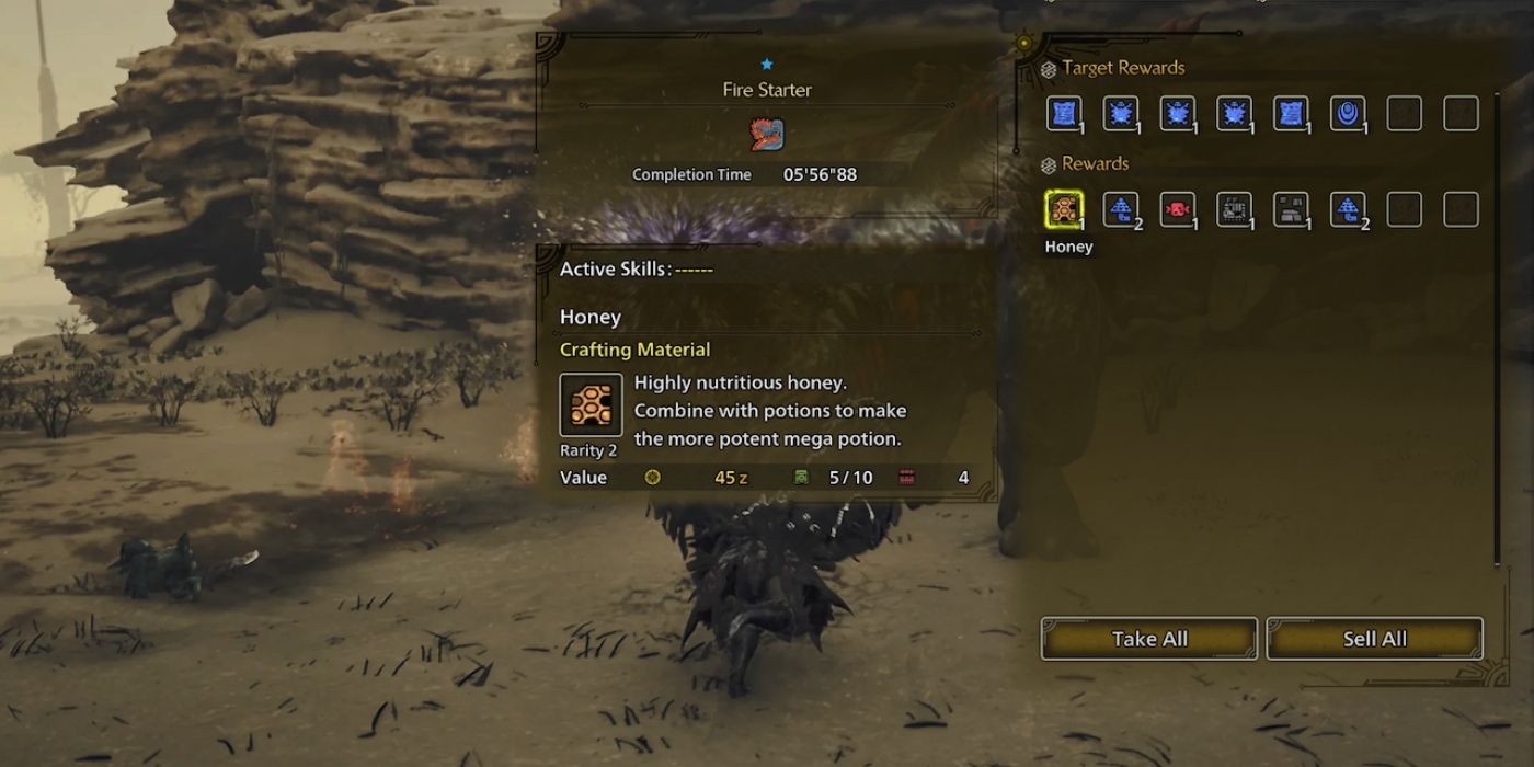 A hunter in Monster Hunter Wilds claims rewards for defeating a Thematice.