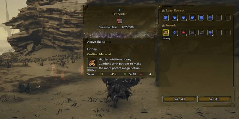 A hunter in Monster Hunter Wilds claims rewards for beating a Quematrice.